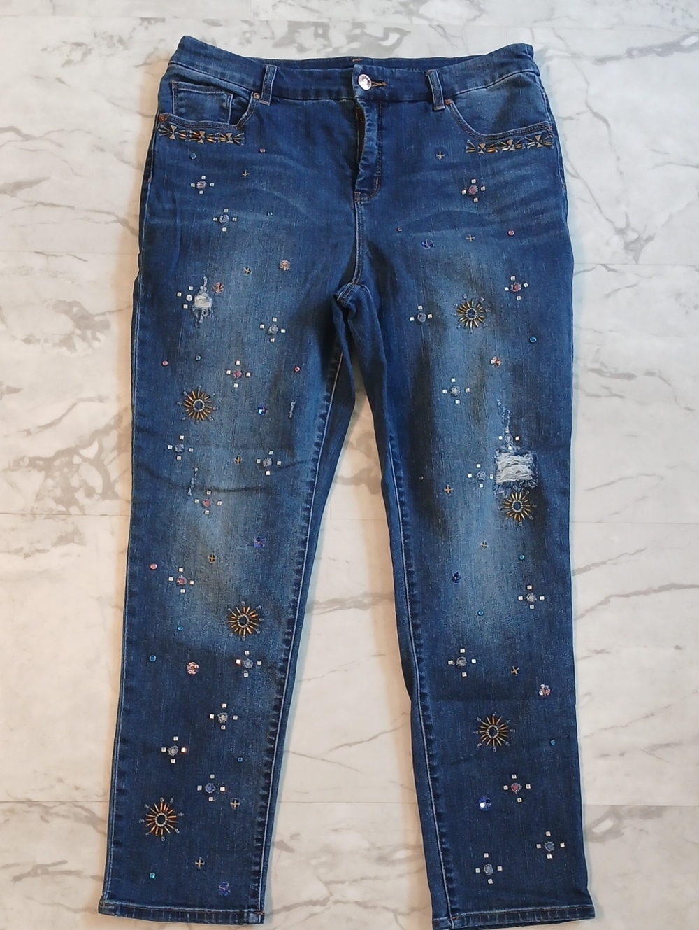 Chicos So Slimming Girlfriend Jewel Embellished Ankle Jeans  Size 1.5